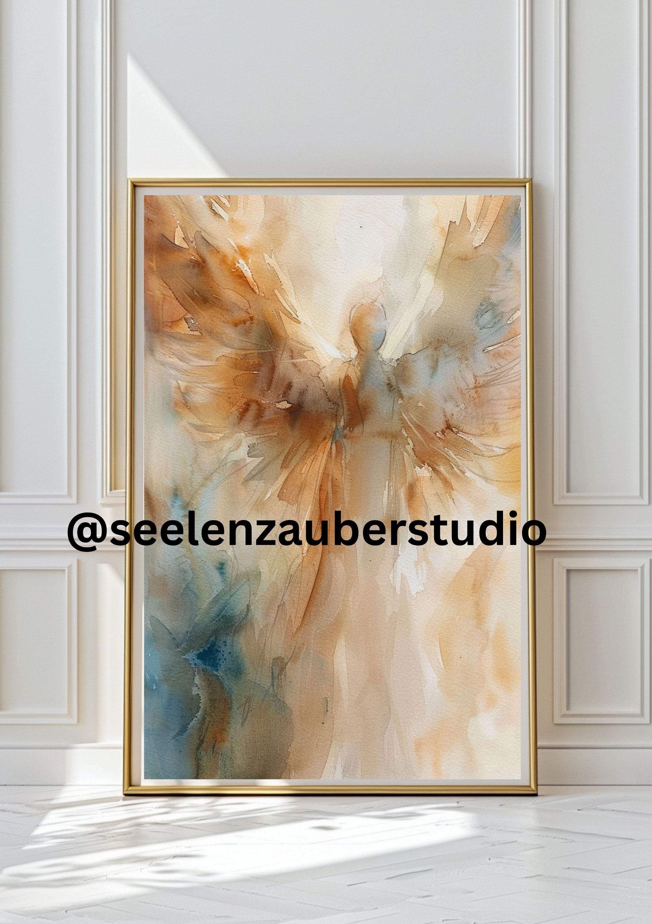 Abstraktes Engel Leinwandbild mit Rahmen – Spirituelle Wandkunst in Gold  Beige – Modernes Engelbild für Wohnzimmer  Schlafzimmer