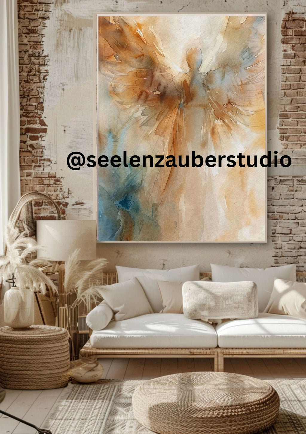 Engel Poster Aquarell – Abstrakte Engelkunst in Beige & Gold – Spirituelle Wandkunst Modern – Zeitgenössischer Kunstdruck – Engel Wandbild