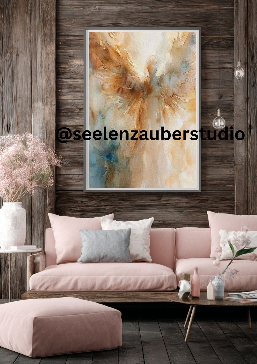 Engel Poster Aquarell – Abstrakte Engelkunst in Beige & Gold – Spirituelle Wandkunst Modern – Zeitgenössischer Kunstdruck – Engel Wandbild