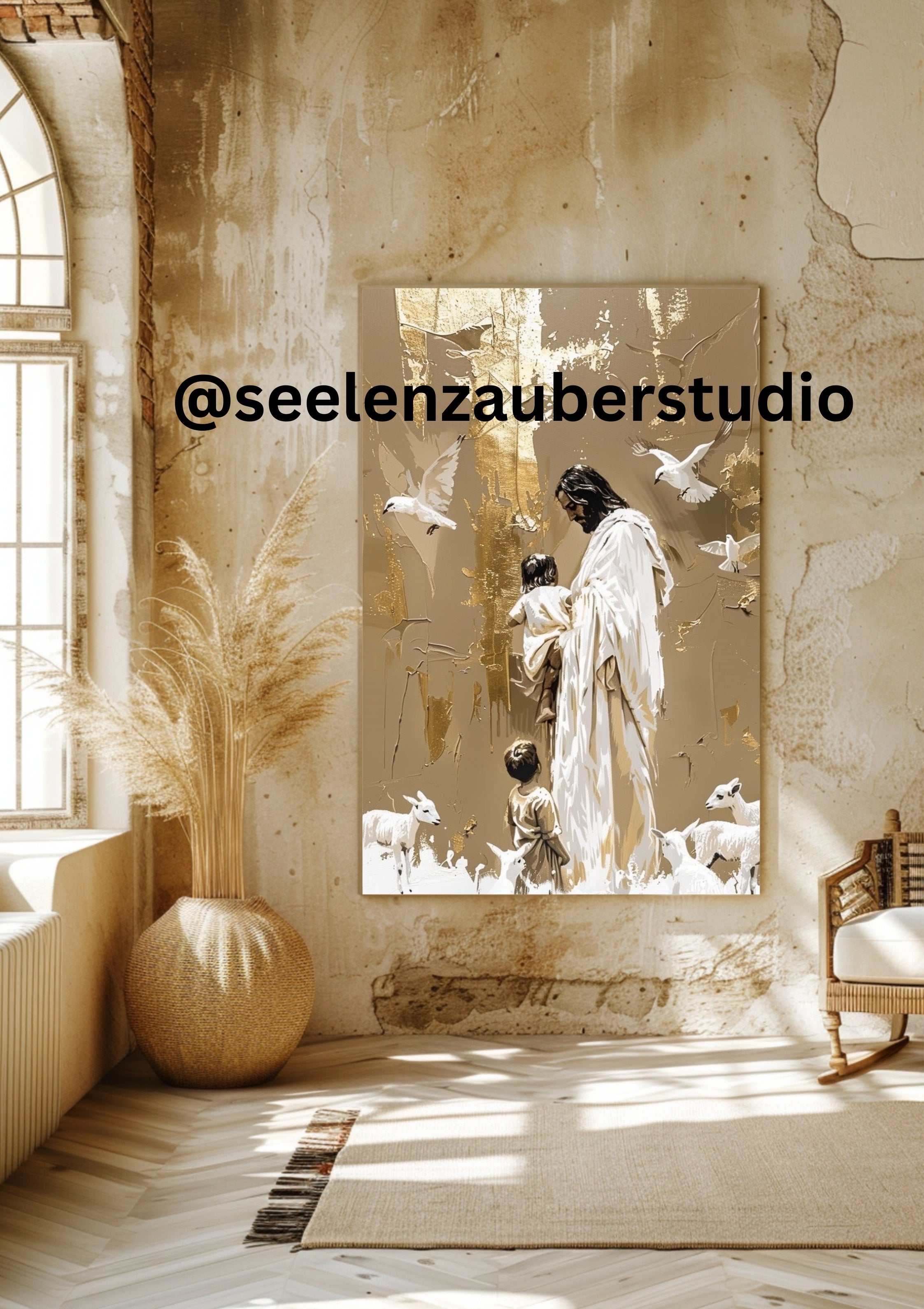 Jesus mit Kindern Leinwandbild – christliche Boho Canvas Art in Beige & Gold, religiöse Wanddeko, Jesus Poster Modern