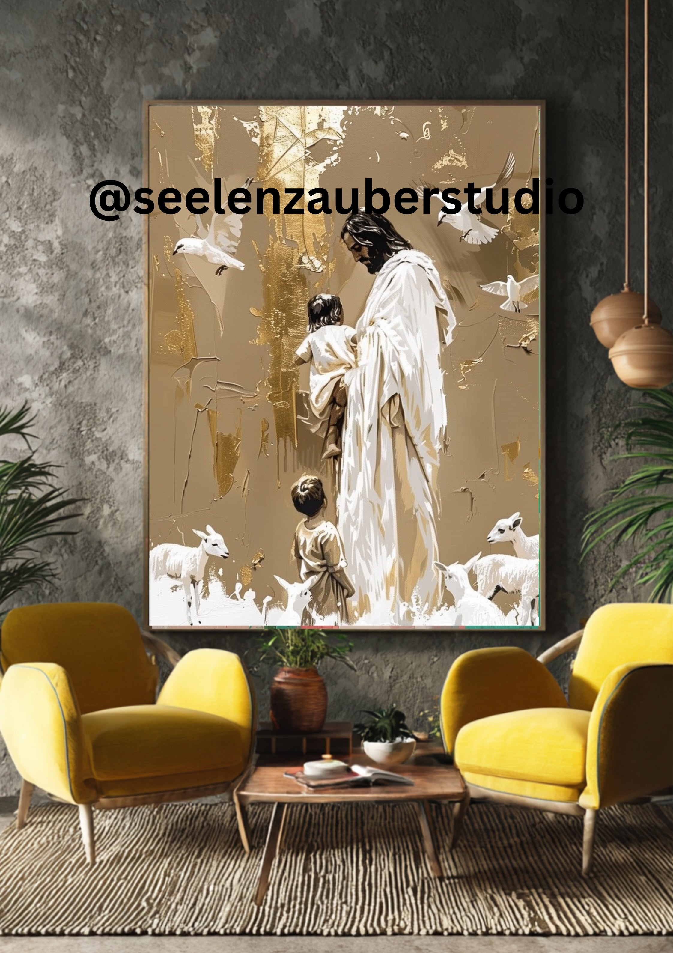 Jesus mit Kindern Leinwandbild – christliche Boho Canvas Art in Beige & Gold, religiöse Wanddeko, Jesus Poster Modern