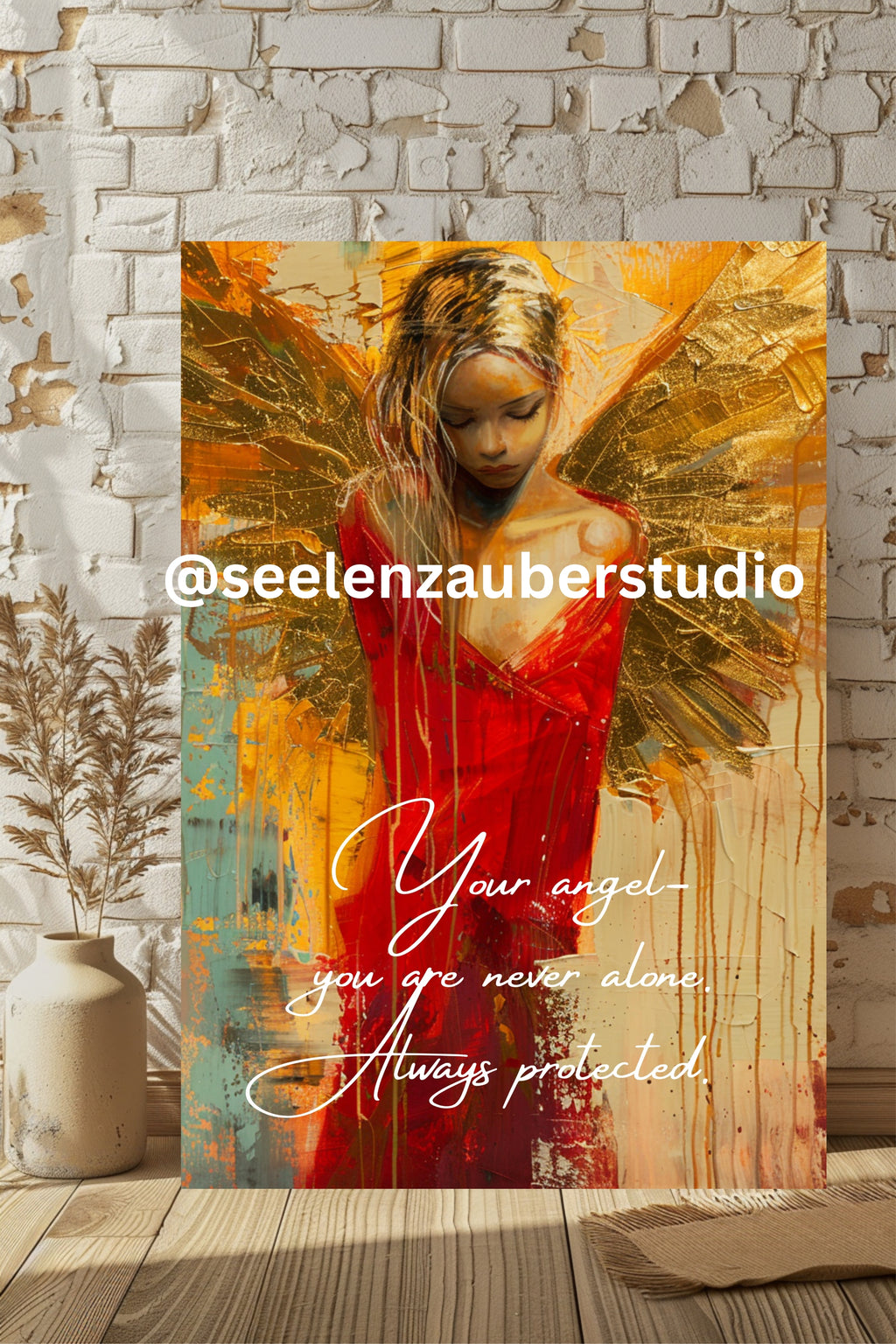 Engel Leinwandbild gerahmt – Schutzengel Wandkunst in Gold & Rot | Spirituelles Kunstwerk | Hochwertiger Canvas Print mit Rahmen