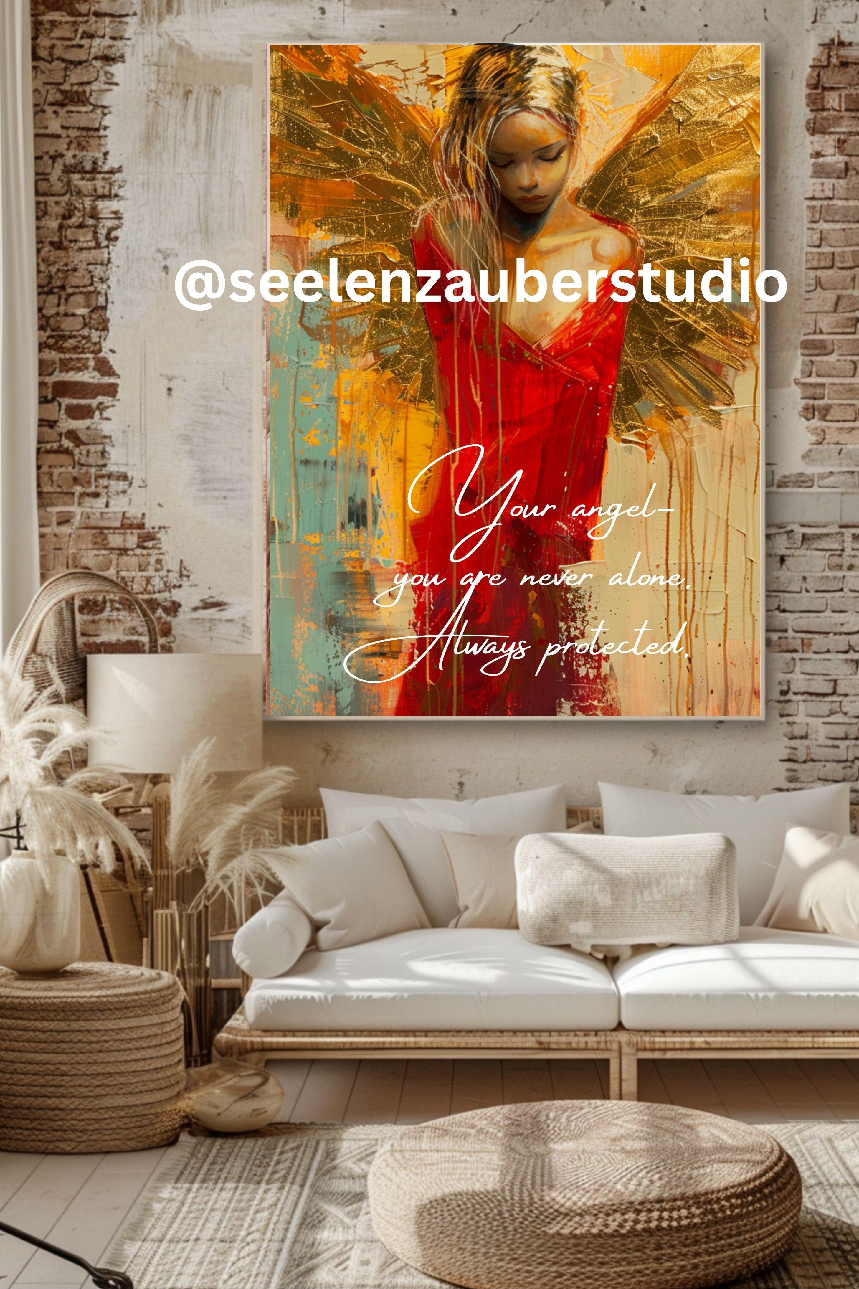 Engel Leinwandbild gerahmt – Schutzengel Wandkunst in Gold & Rot | Spirituelles Kunstwerk | Hochwertiger Canvas Print mit Rahmen